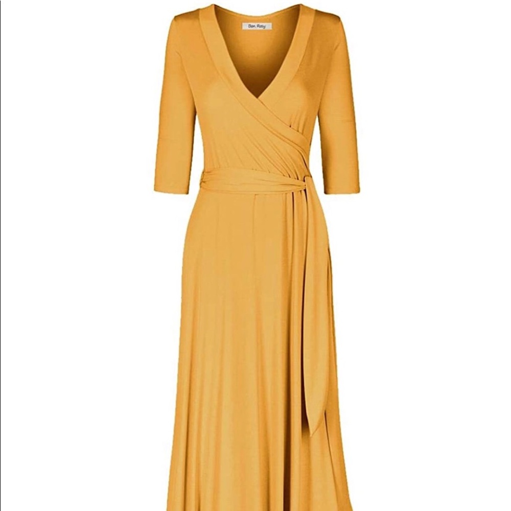 3/4 Sleeve V-Neck Solid Maxi Wrap Dress